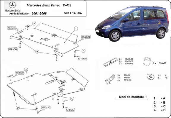 Steel sump guard for the protection of the engine and the gearbox for Mercedes Vaneo W414