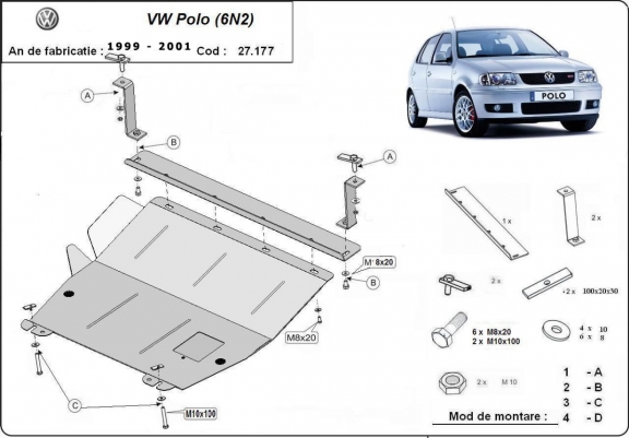 Steel sump guard for the protection of the engine and the gearbox for VW Polo 6n2