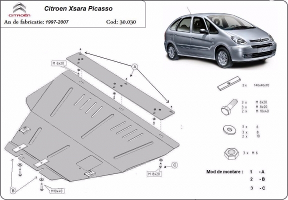 Steel sump guard for the protection of the engine and the gearbox for Citroen Xsara Picasso