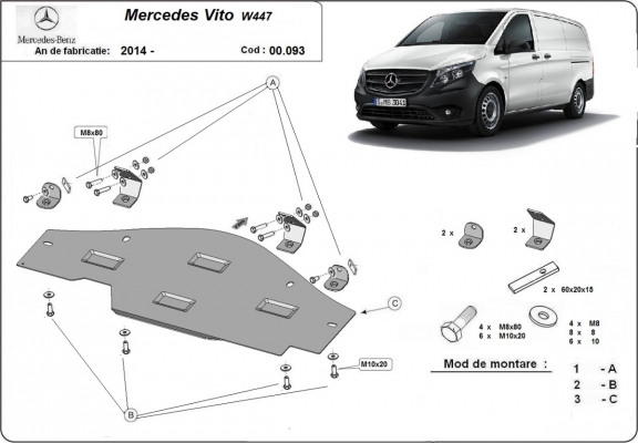 Steel sump guard for the protection of the Stop&Go system Mercedes Vito W447, 4x2, 1.6 D