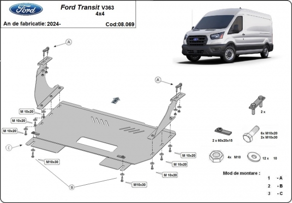 Steel sump guard for the protection of the engine and the gearbox for Ford Transit V363 4x4