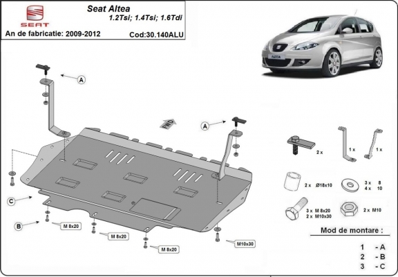 Aluminum sump guard for the protection of the engine and the gearbox for Seat Altea
