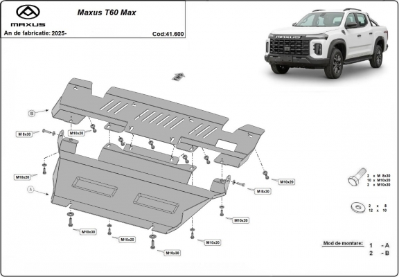 Steel sump guard for the protection of the engine and the radiator for Maxus T60 Max